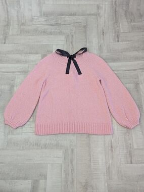 Loft Womens M Pink Wool Balloon Sleeve Knit Sweater Black Bow Coquette Preppy